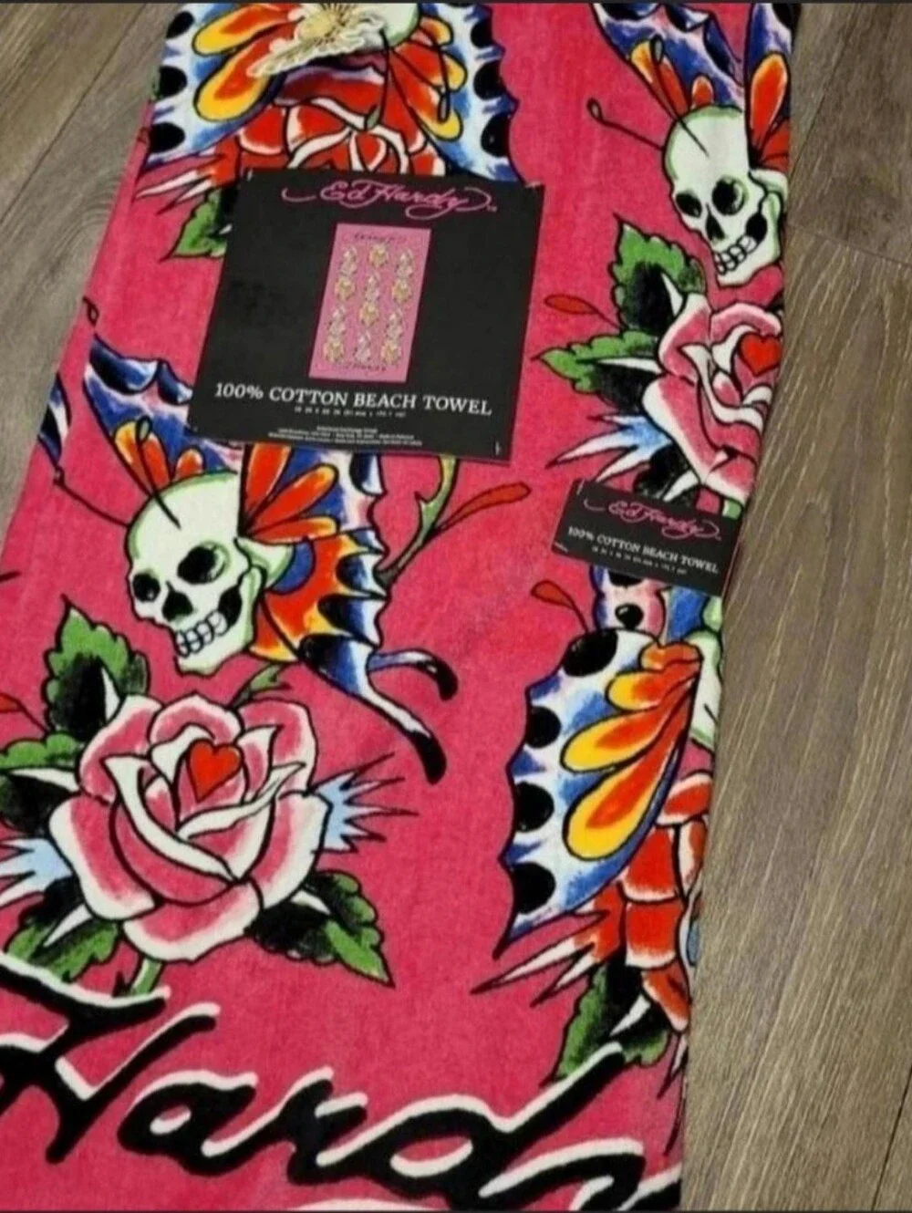 Ed Hardy Hot Pink Skull & Rose Tattoo Beach Towel